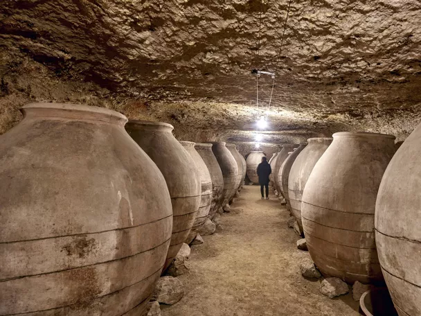 Imagen de bodega de vino subterránea con tinajas de barro