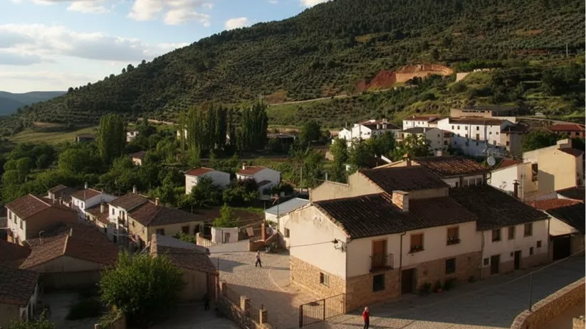 Vista elevada de un pueblo con casas tradicionales y paisaje montañoso.