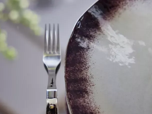 Imagen de tenedor al lado de un plato