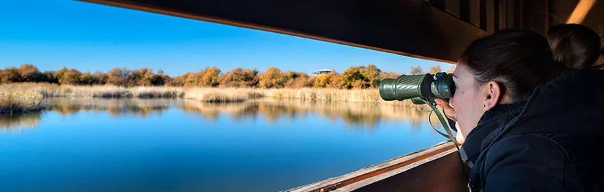 Imagen de una persona con unos prismáticos mirando una laguna