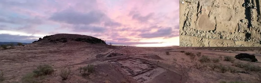 Paisaje arqueológico con estructuras excavadas al atardecer