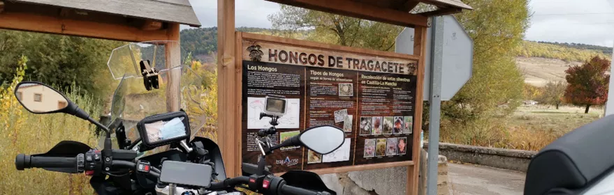 Imagen de una moto parada en un cartel de hongos de Tragacete