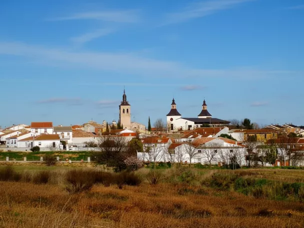 Panorámica de un pueblo con casas blancas y tejados rojos desde un campo de vegetación seca.