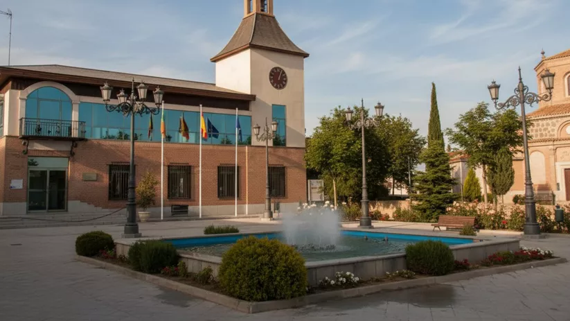 Edificio municipal moderno de ladrillo y grandes ventanales con una torre de reloj blanca.