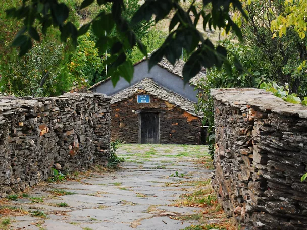 Sendero de piedra flanqueado por muros y árboles que conduce a una vivienda rural.
