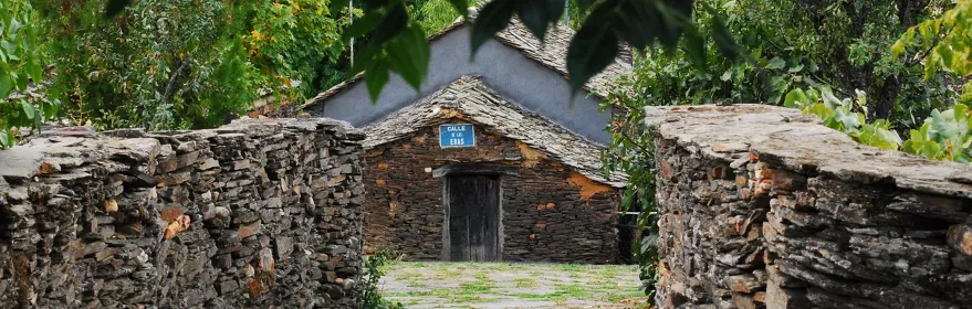Sendero de piedra flanqueado por muros y árboles que conduce a una vivienda rural.