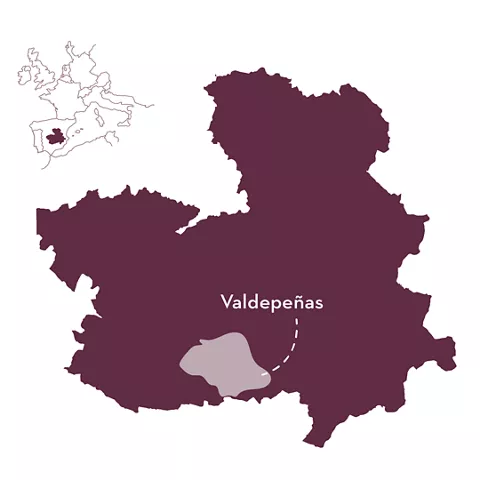 Mapa de Castilla-La Mancha mostrando destacada la provincia de Valdepeñas