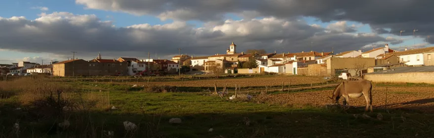 Vista panorámica de Peñascosa con casas tradicionales y campos de cultivo al atardecer.