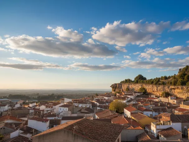 Vista panorámica de Higueruela al atardecer, con casas blancas y tejados rojizos junto a un escarpe natural y amplias llanuras al fondo.
