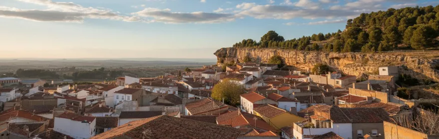 Vista panorámica de Higueruela al atardecer, con casas blancas y tejados rojizos junto a un escarpe natural y amplias llanuras al fondo.