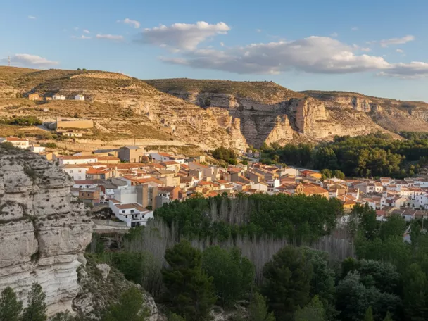 Vista panorámica de La Recueja enclavada entre cañones y formaciones rocosas junto al valle del río Júcar.