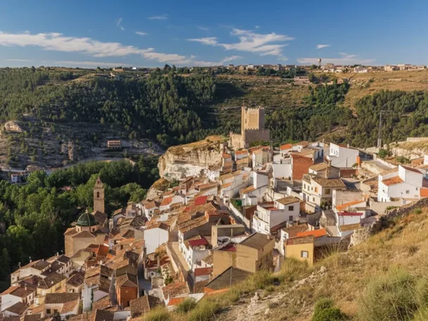 Vista aérea de Povedilla con casas blancas sobre la ladera y paisaje montañoso al fondo.