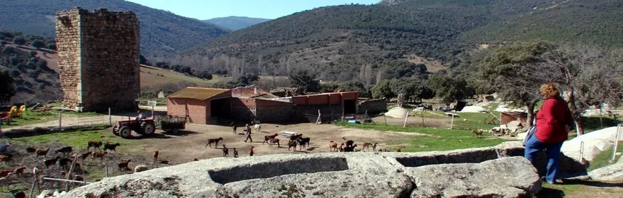 Tumbas excavadas en piedra con granja y torre al fondo.