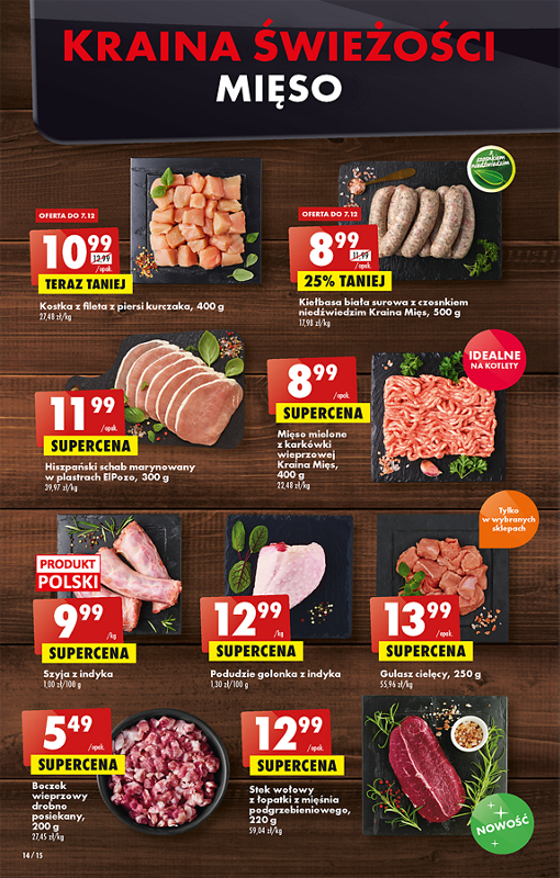 Oferta Biedronka od 5.12: mięso mielone z łopatki, stek wołowy, kiełbasa biała surowa, hiszpański schab surowy, szyjka z indyka, golonka z indyka