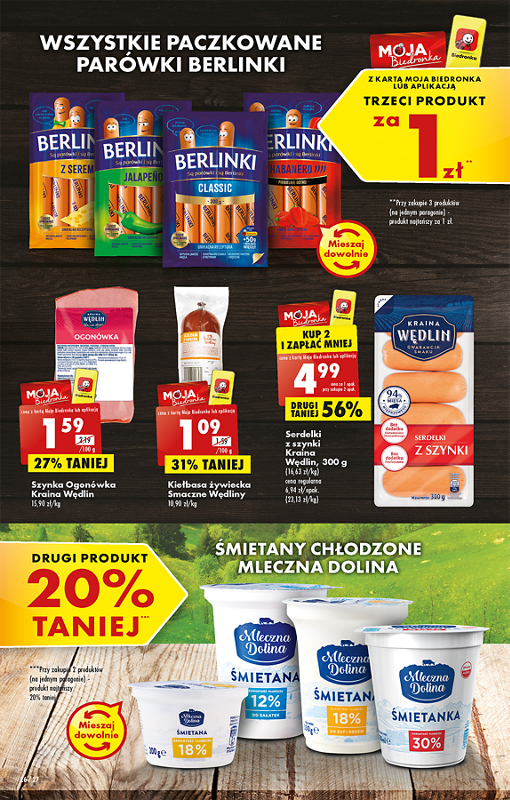 Oferta Biedronka od 5.12: wszystkie paczkowane parówki berlinki trzecie opakowanie za 1 zł, serdelki z szynki, śmietany mleczna dolina drugi produkt 20% taniej