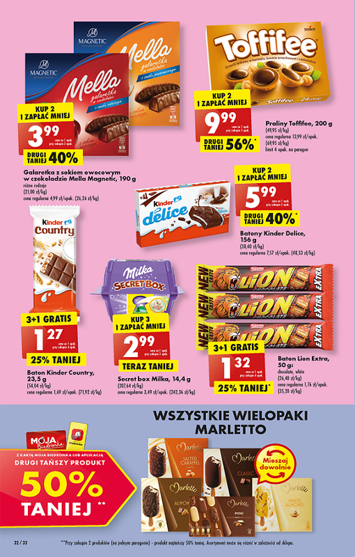 Oferta Biedronka od 5.12: galaretka mella, toffifee, kinder country, kinder delice, baton lion, wszystkie wielopaki marletto drugi tańszy 50% taniej