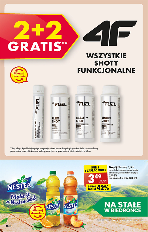 Oferta Biedronka od 5.12: wszystkie shoty 4f 2+2 gratis, napój nestea