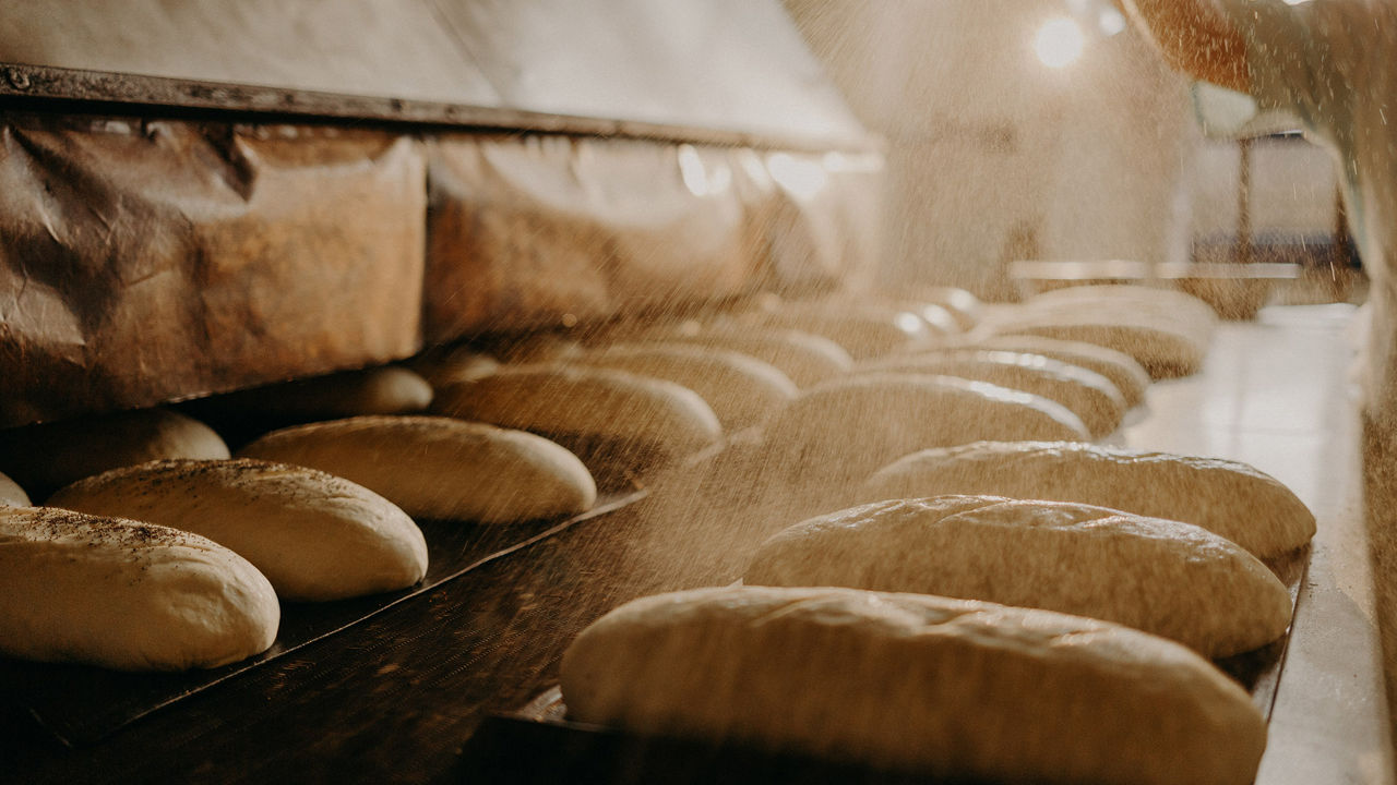 Baked Breads on the production line at the bakery