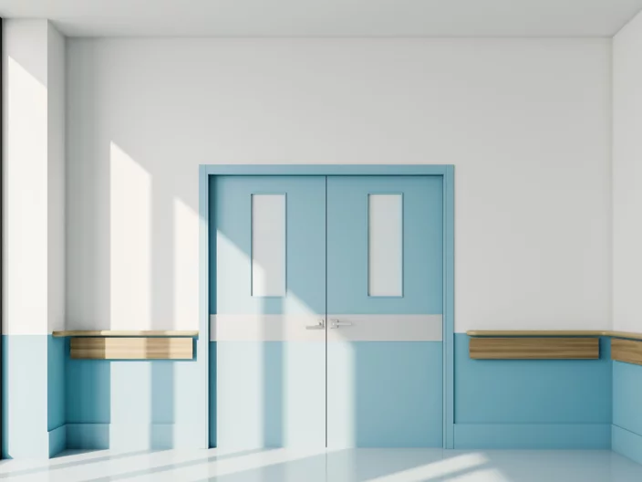 Blue closed door in empty hospital hall