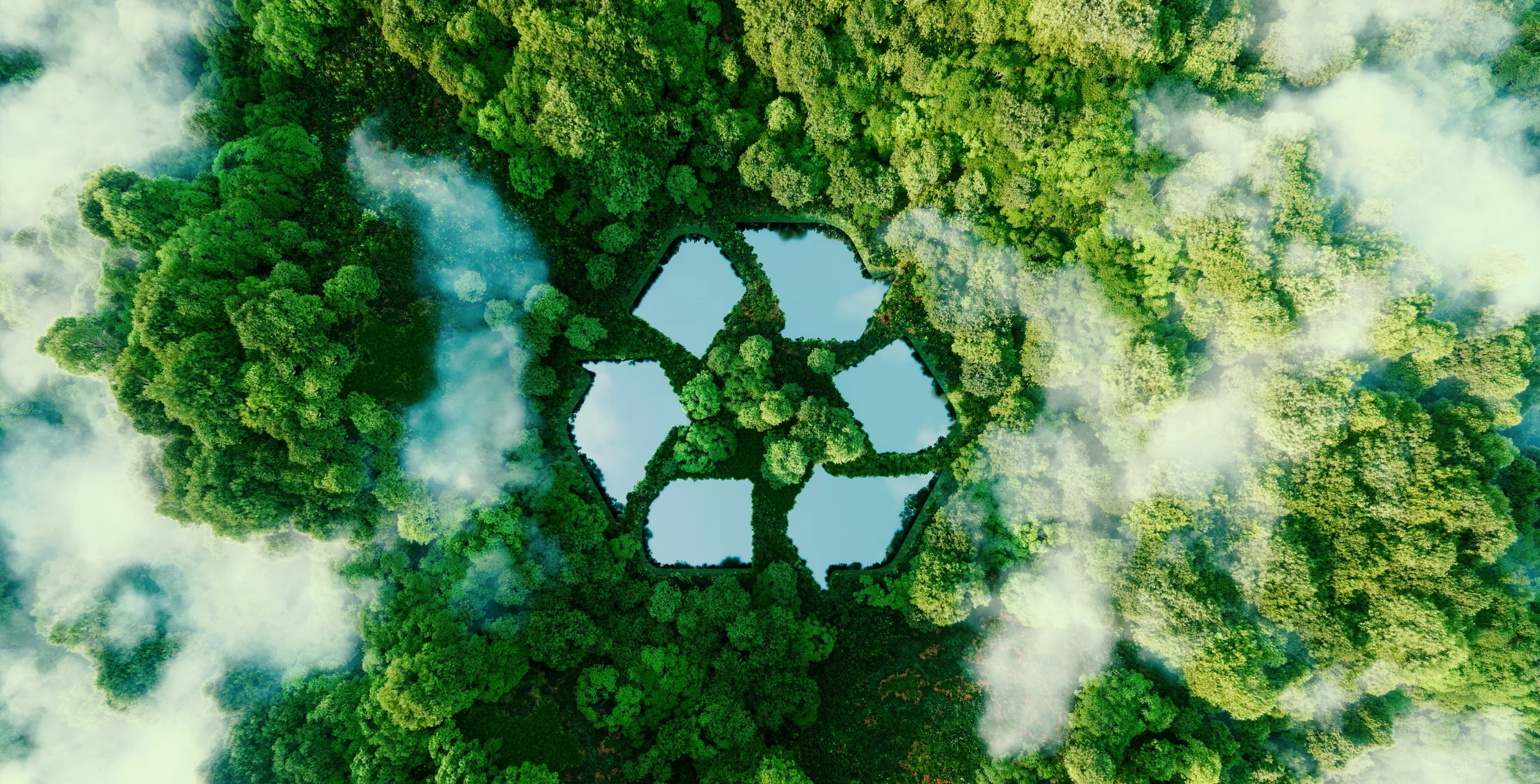 A lake in the shape of a recycling sign in the middle of untouched nature. An ecological metaphor for ecological waste management and a sustainable and economical lifestyle. 3d rendering.