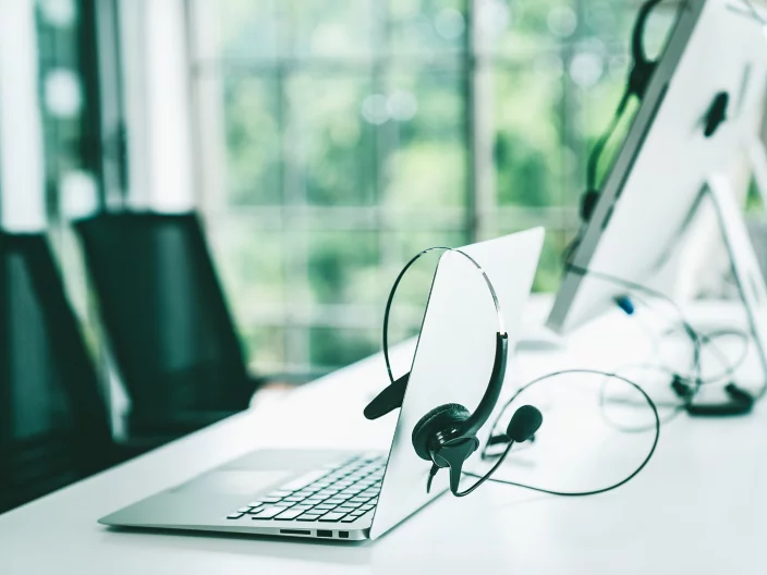 Headset and customer support equipment at call center ready for actively service