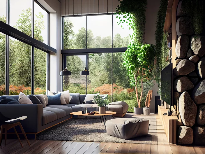 cozy luxury living room with furniture, wooden floor, stone wall, modern house in the woods, big windows, beautiful green environment as architecture background, made with generative ai
