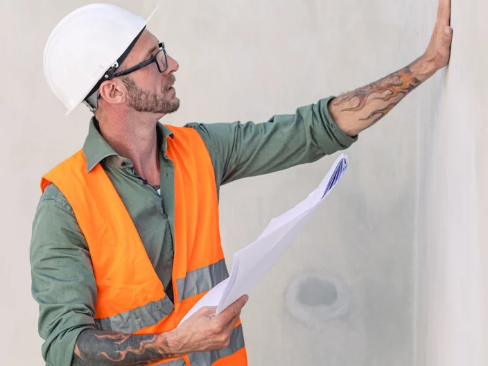 professional engineer architect foreman hipster worker work in construction site