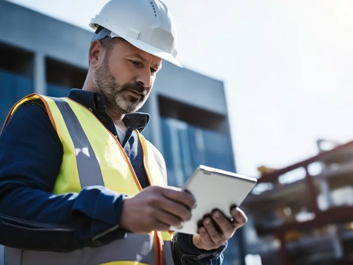 Smart Construction Project management system concept, Engineer using a digital tablet on a construction site.