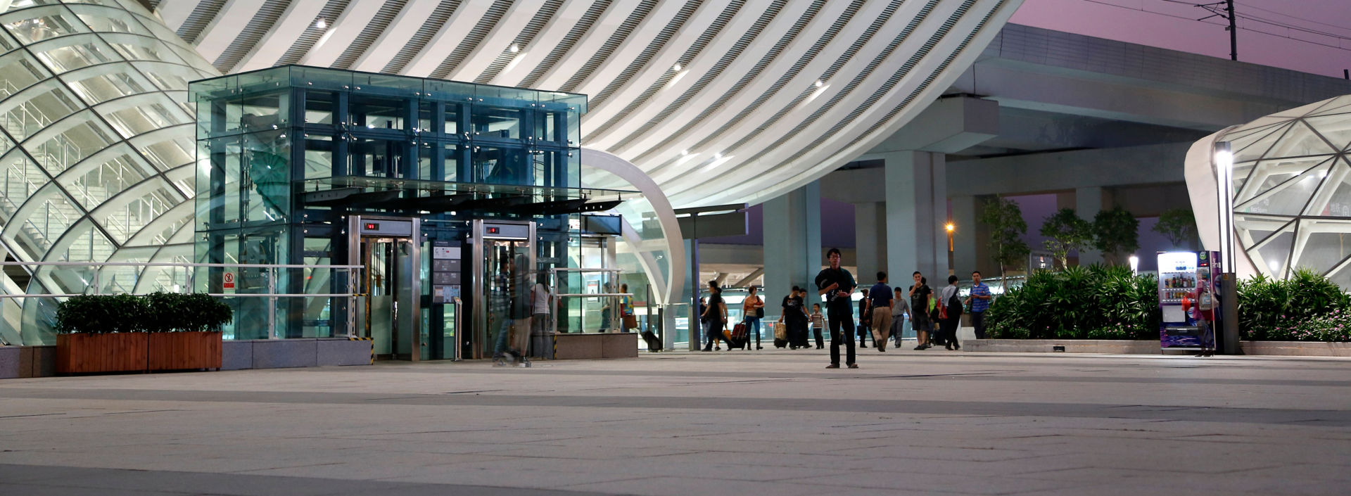 Illuminated exterior of the Shenzhen North Railway Station in China.