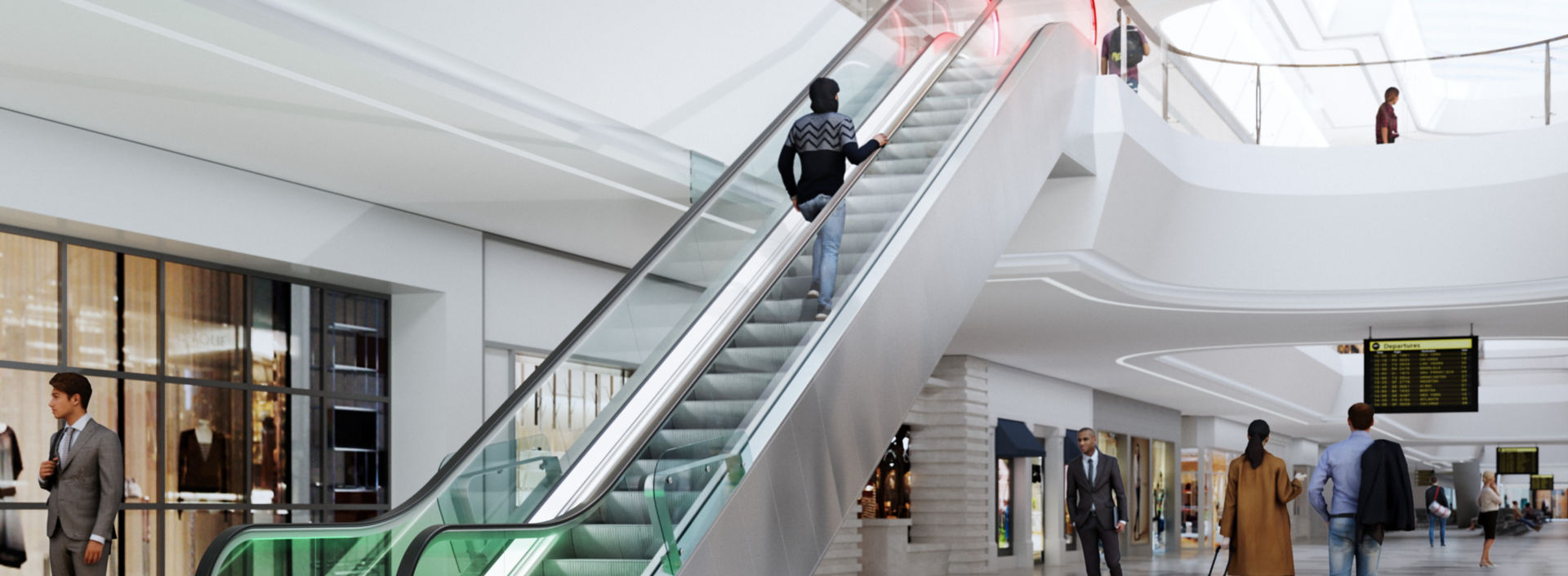 Escaleras eléctricas en aeropuerto con iluminación verde en la parte inferior y roja en la parte superior