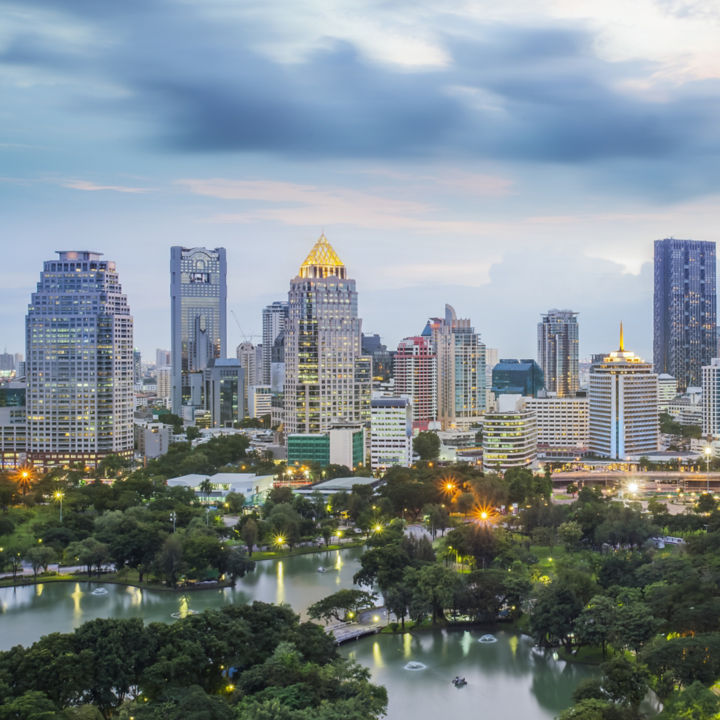 City buildings and green garden in Bangkok.