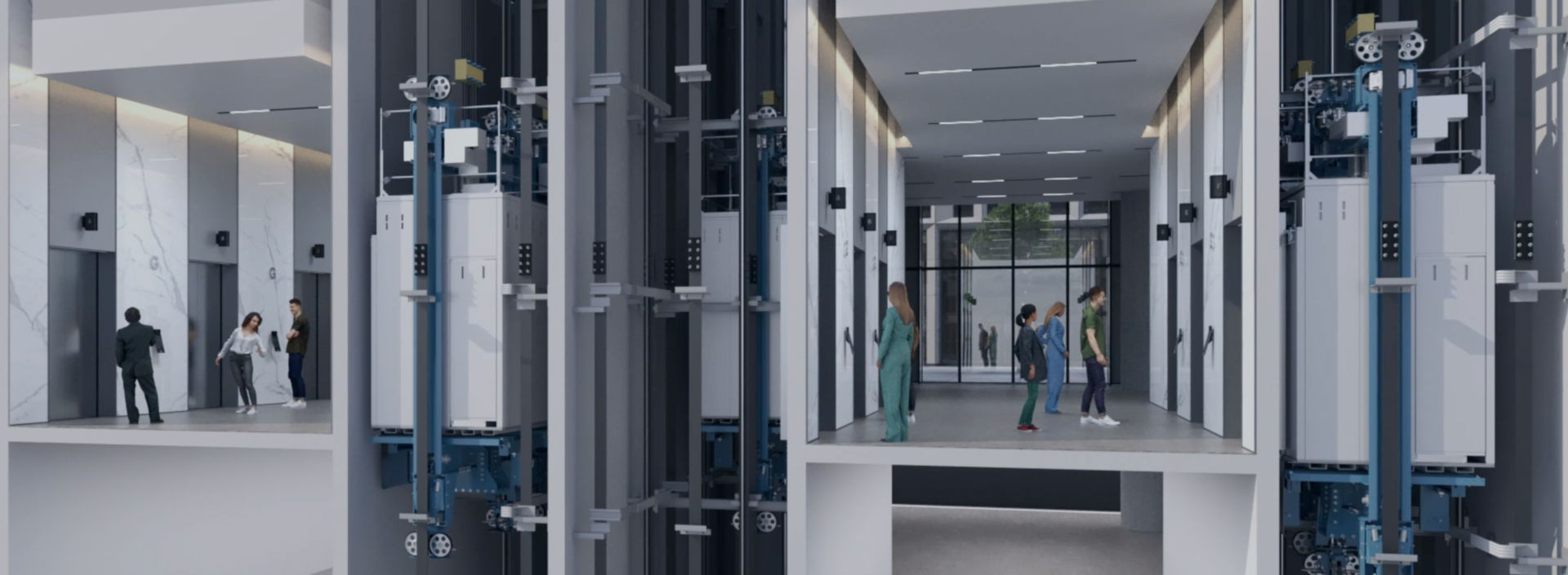 View of KONE High-Rise MiniSpace™ DX elevator's inside mechanics in a building.