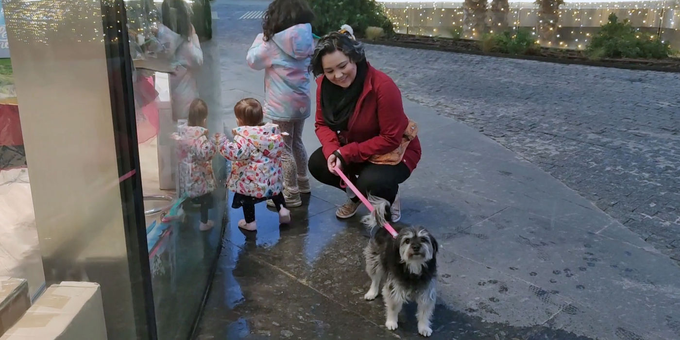 Woman walking her dog on sidewalk next to shop window with her two children.