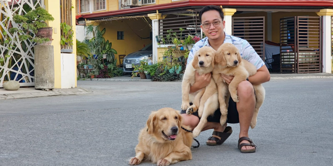 Man crouching on a street holding two puppies, with his Golden Retriever lying next to him.