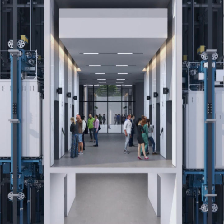 Illustration of a cross section of a building with KONE MiniSpace elevators.