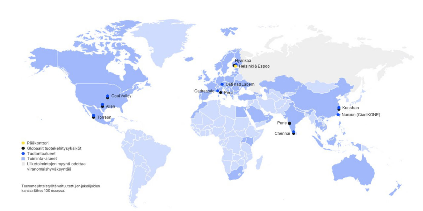 Map of KONE locations worldwide in Finnish