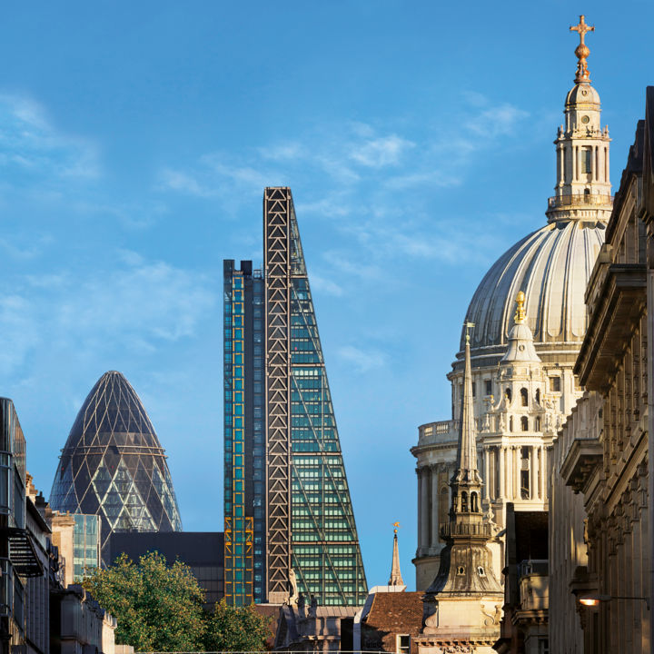 The Leadenhall Building in London surrounded by buildings of different eras.