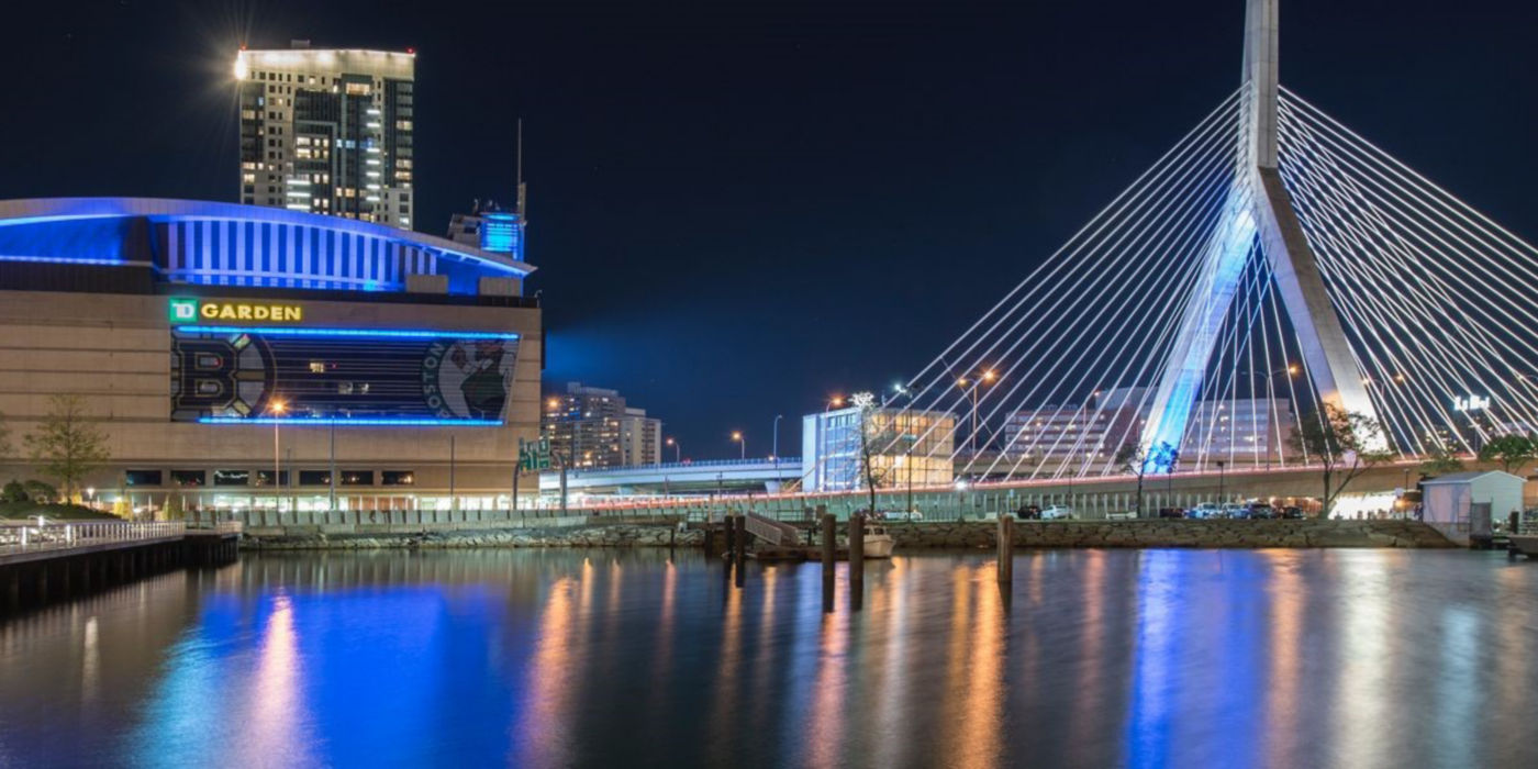 Evening view of the exterior of TD Garden stadium in Boston.