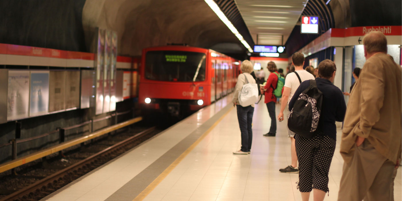 Metro train arriving at the station in Helsinki.