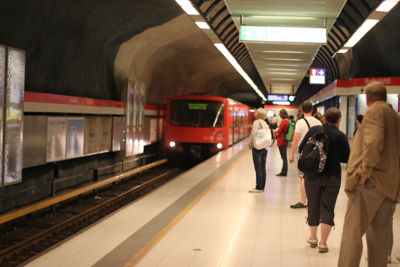 Metro train arriving at the station in Helsinki.