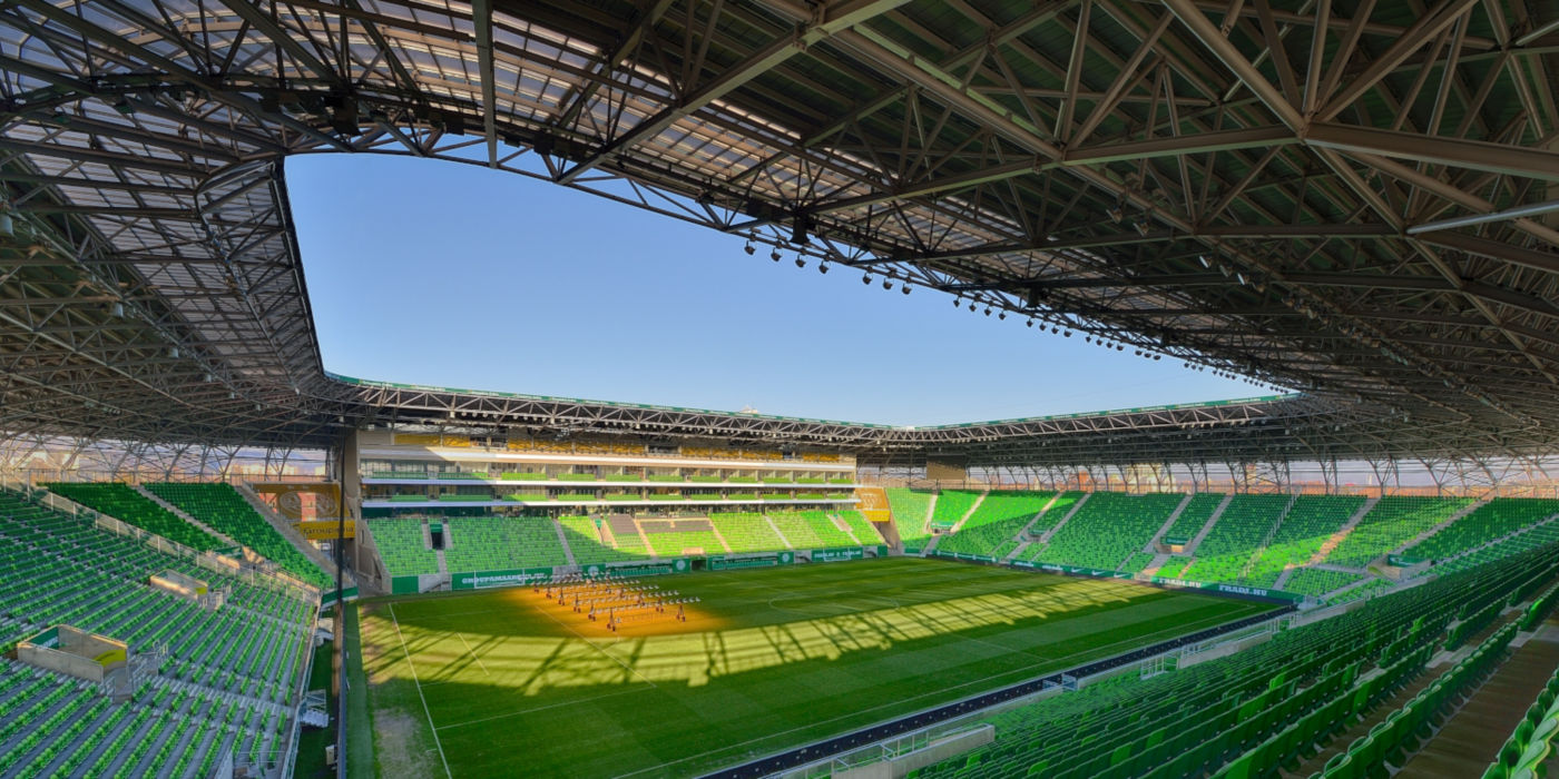 Field and seating areas of Groupama Arena in Budapest.