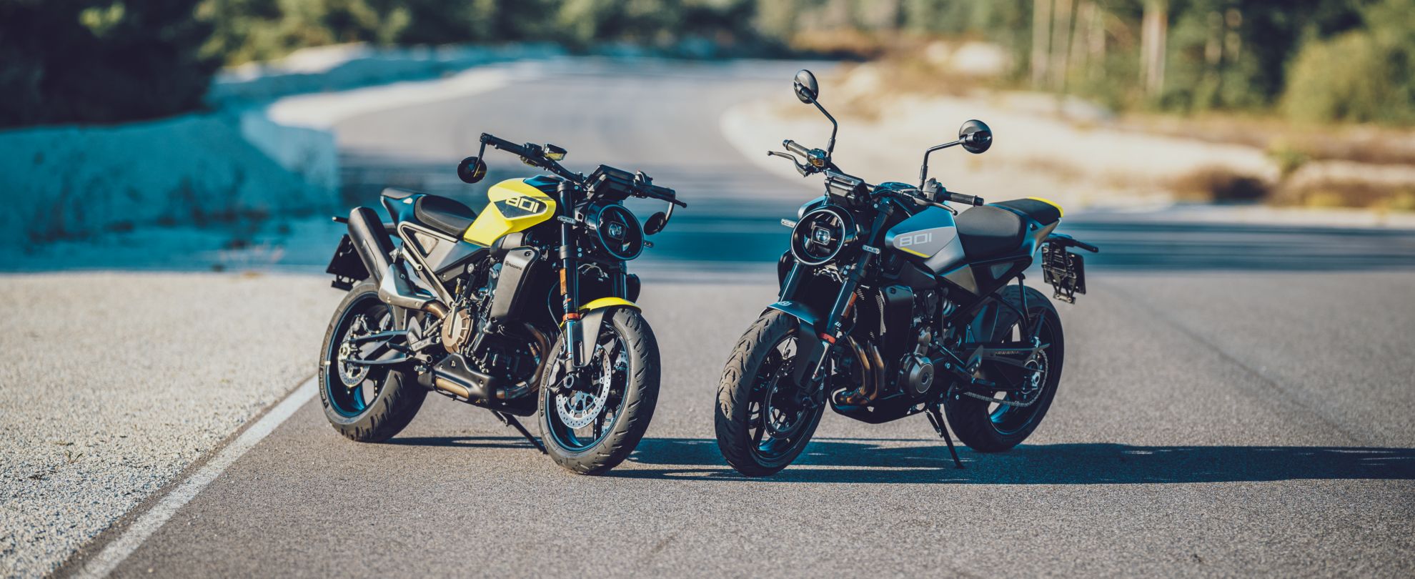 Dos Husqvarna Vitpilen 801 se encuentran en una carretera con un bosque borroso de fondo
