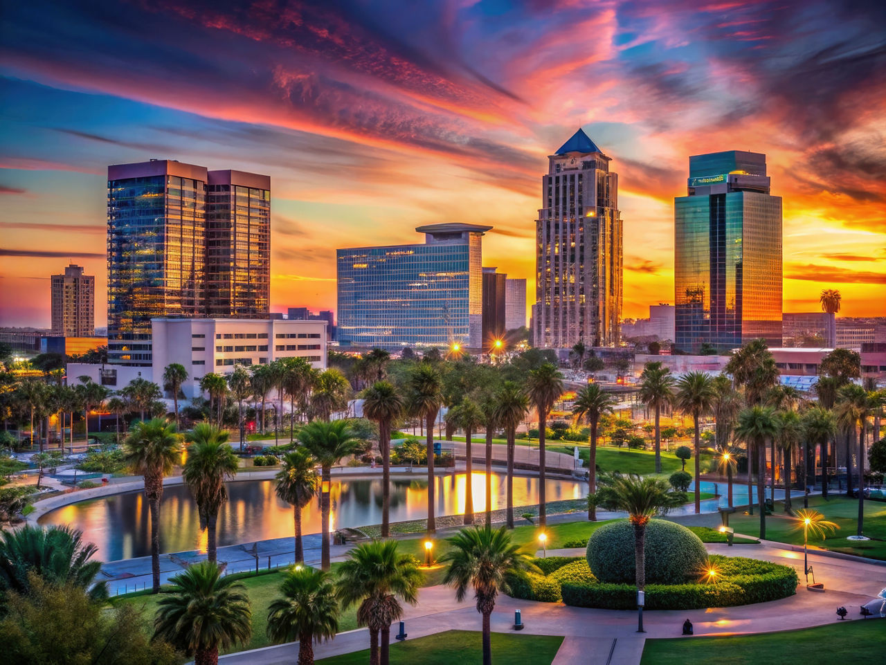 Stunning Anaheim Skyline at Dusk with Vibrant Colors and Iconic Buildings Silhouetted Against Sky