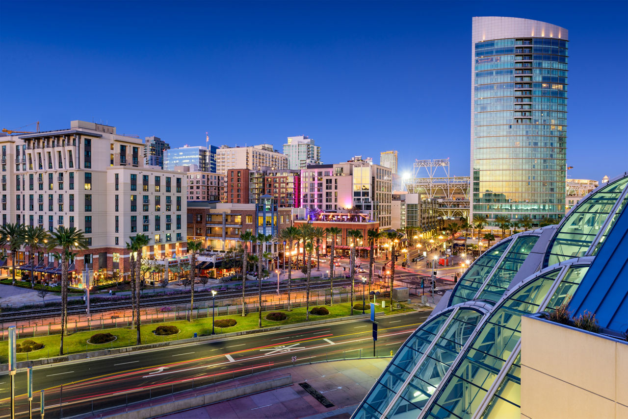 San Diego, California cityscape at the Gaslamp District.
