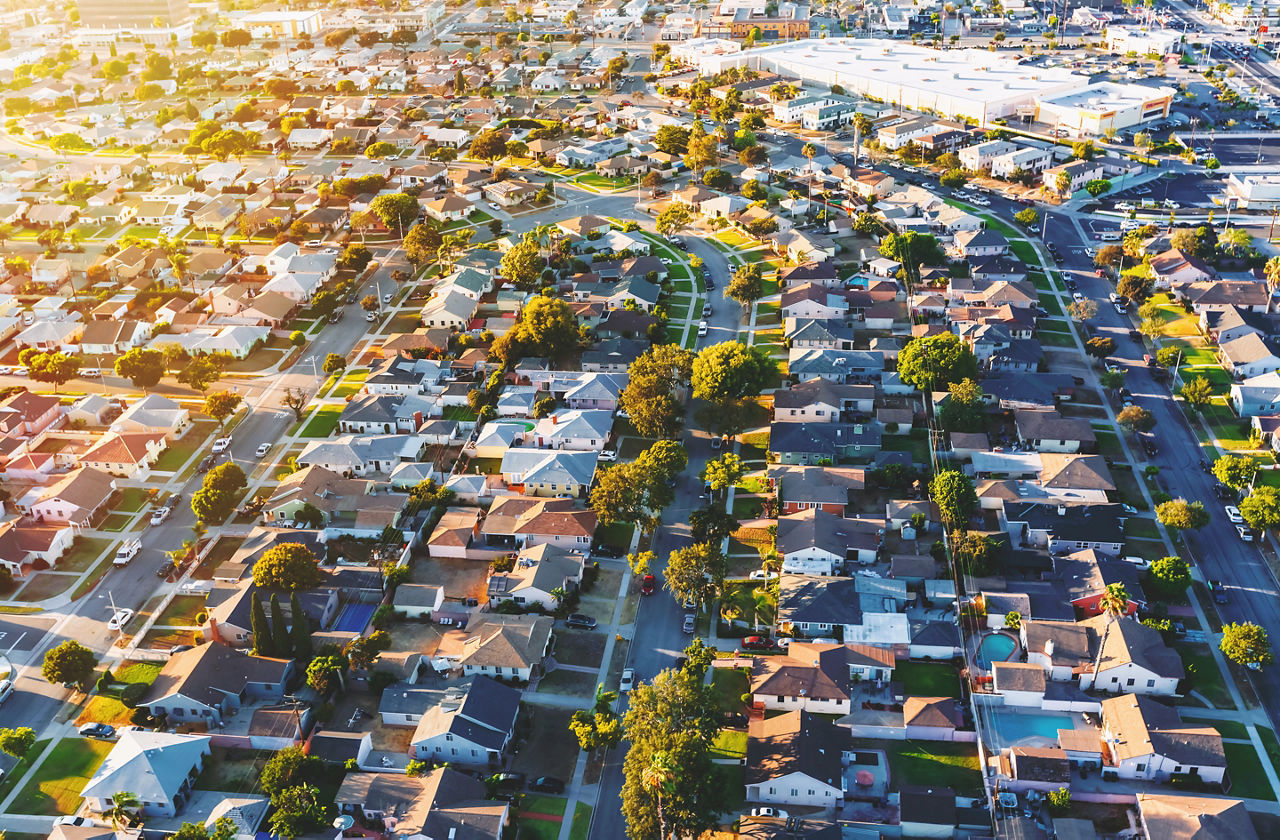 Aerial view of of a residential neighborhood in Hawthorne, in Los Angeles, CA