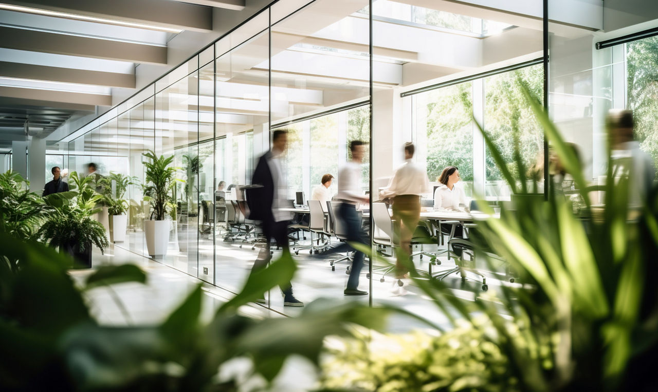 Bright business workplace with people in walking in blurred motion in modern office space 