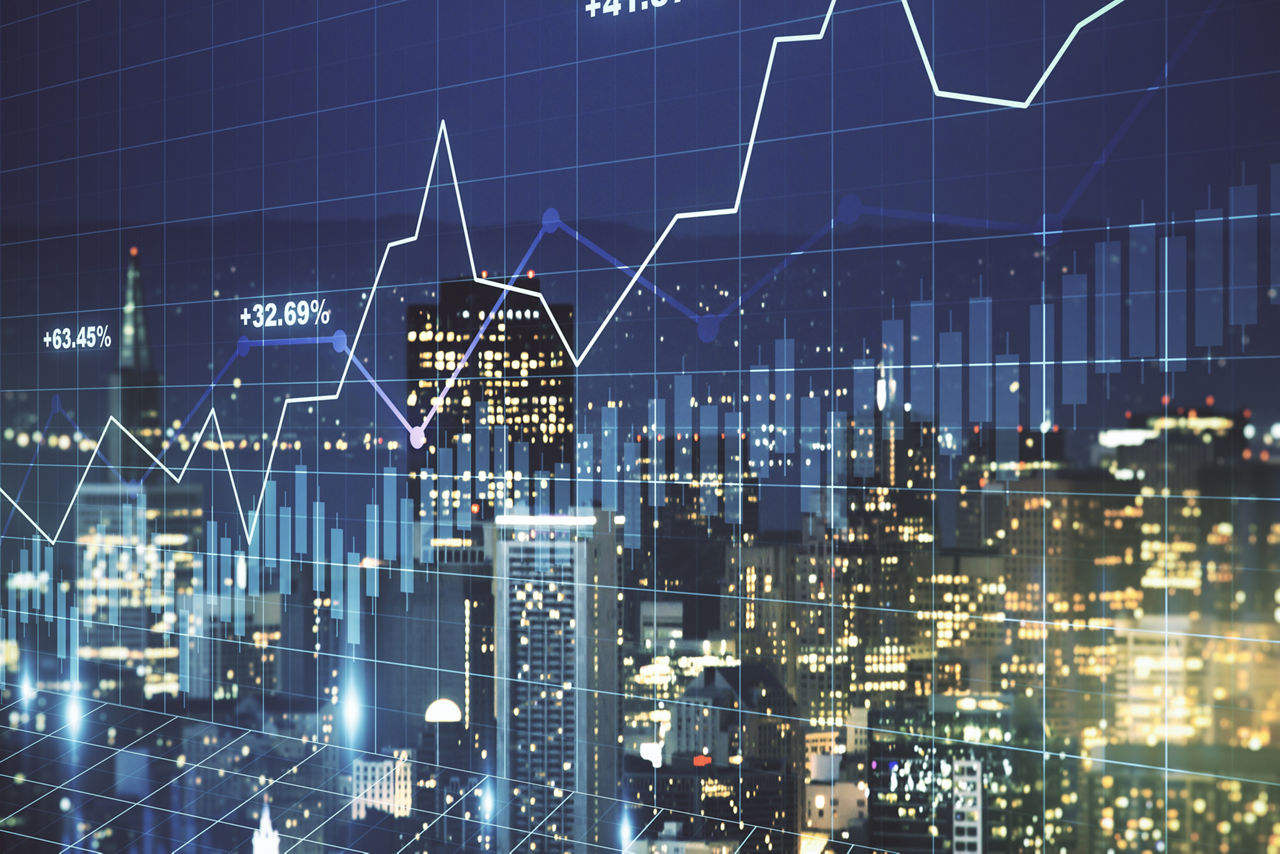 Multi exposure of abstract virtual financial graph hologram on San Francisco skyline background, forex and investment concept