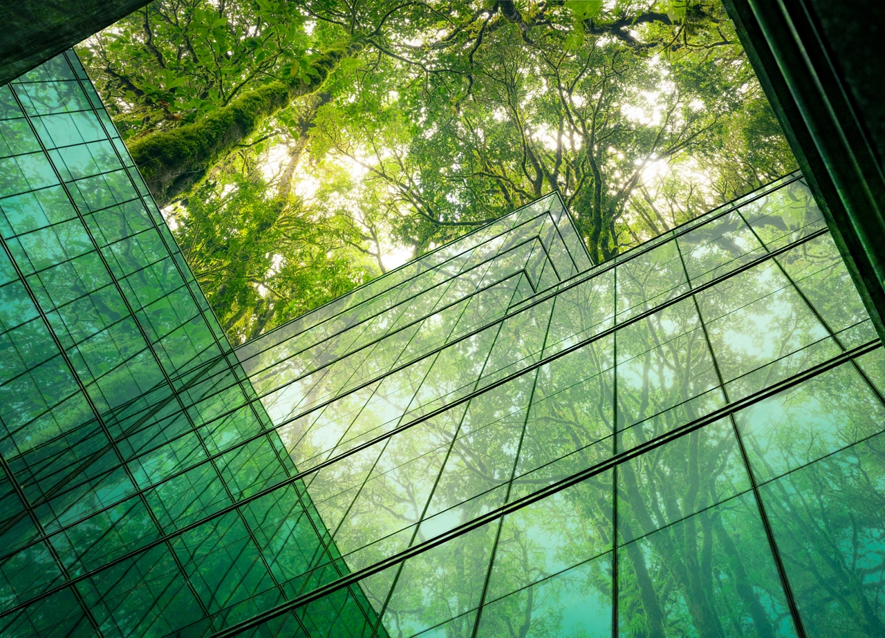 Eco-friendly building in the modern city. Sustainable glass office building with tree for reducing heat and carbon dioxide. Office building with green environment. Corporate building reduce CO2.