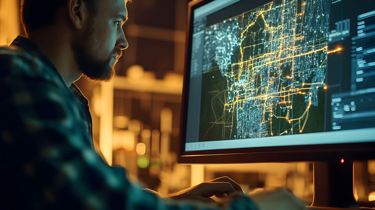 A computer screen displaying a power outage map showing areas affected by the blackout  A technician is reviewing the dashboard analyzing the data and planning the response and efforts 