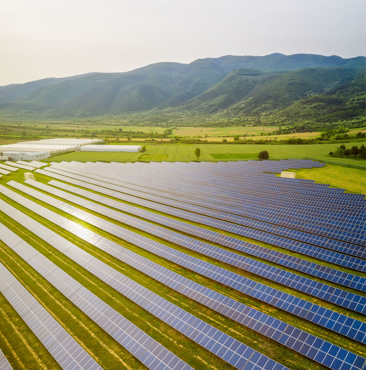 Aerial view of solar panels at a solar energy generation farm in sunny day. Photovoltaic modules for renewable energy. 